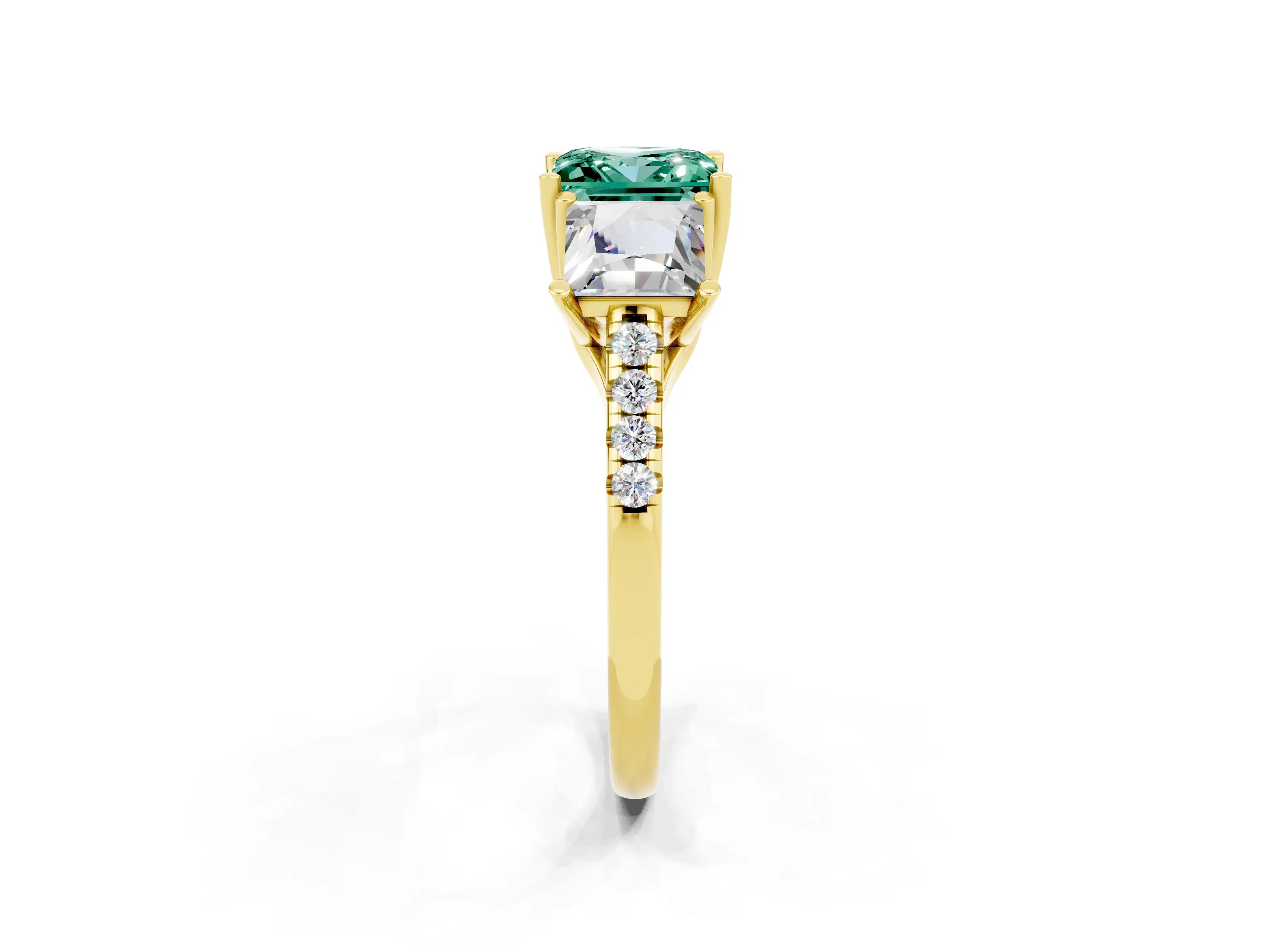 Yellow gold Three-Stone Princess Cut Green Sapphire Ring with Round  Pavé Band and Prong Setting_26