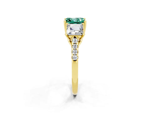 Yellow gold Three-Stone Princess Cut Green Sapphire Ring with Round  Pavé Band and Prong Setting_26