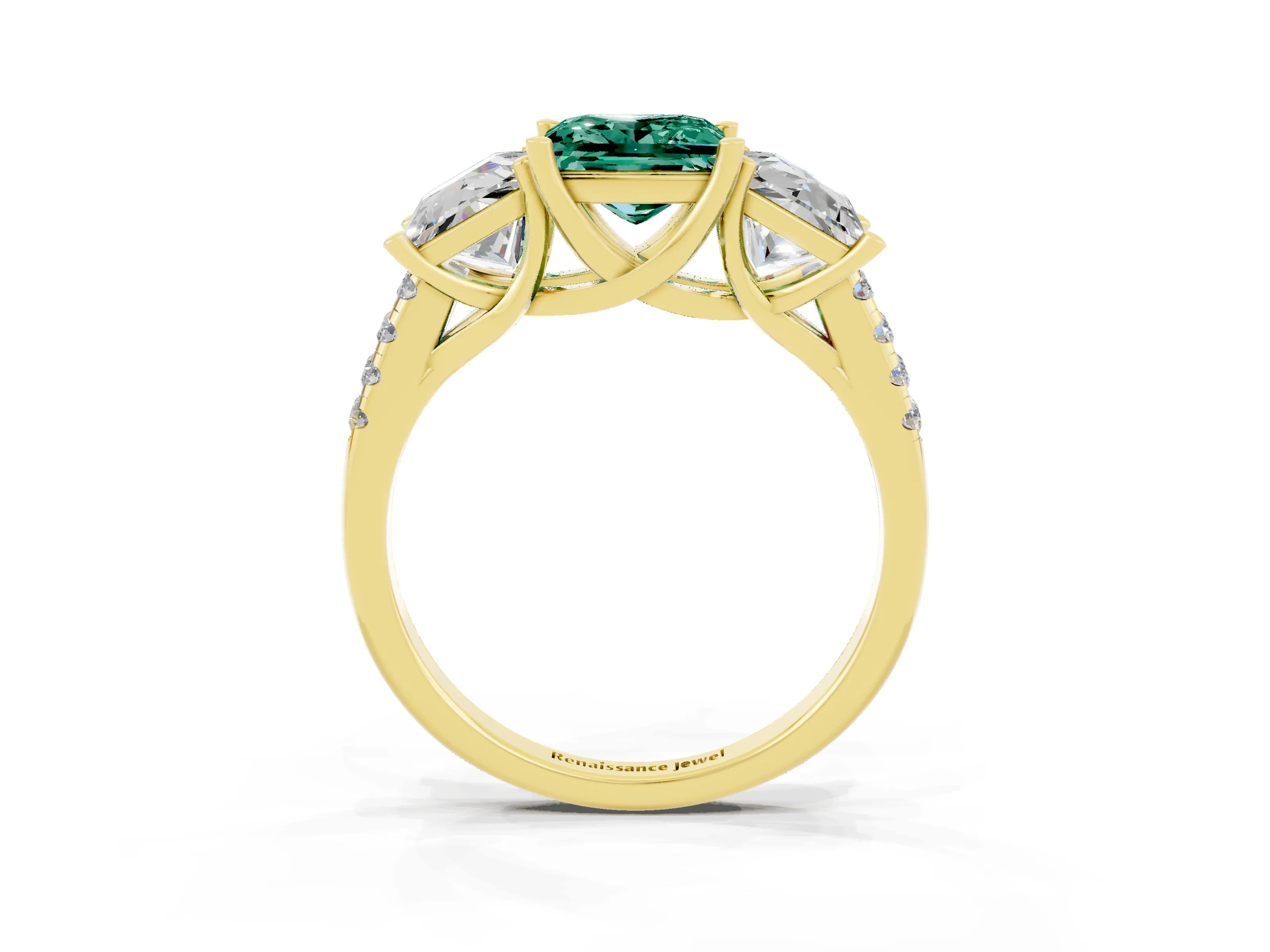 Yellow gold Three-Stone Princess Cut Green Sapphire Ring with Round  Pavé Band and Prong Setting_27
