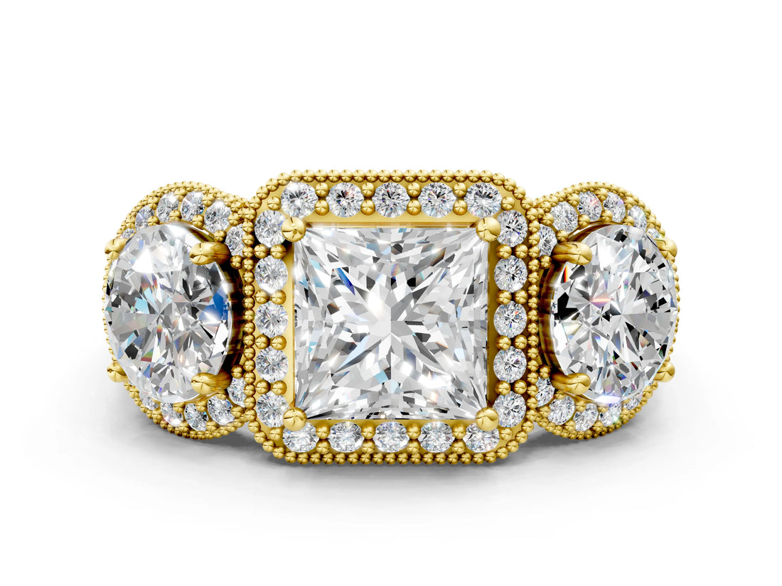 Yellow gold Three-Stone Princess Cut Halo Diamond Milgrain Band with Four-Prong Setting_3