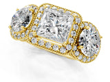 Yellow gold Three-Stone Princess Cut Halo Diamond Milgrain Band with Four-Prong Setting_4