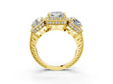 Yellow gold Three-Stone Princess Cut Halo Diamond Milgrain Band with Four-Prong Setting_6