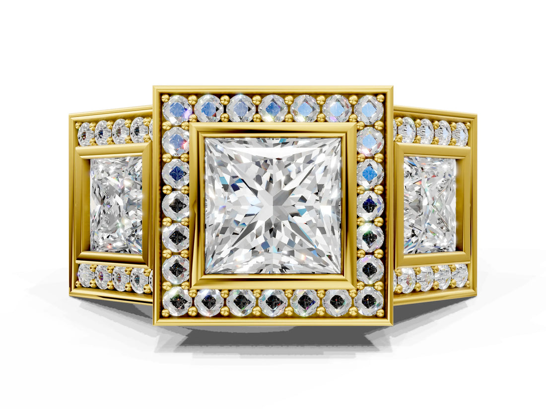 Yellow gold Three-Stone Princess Cut Halo Pavé Diamond Ring_3