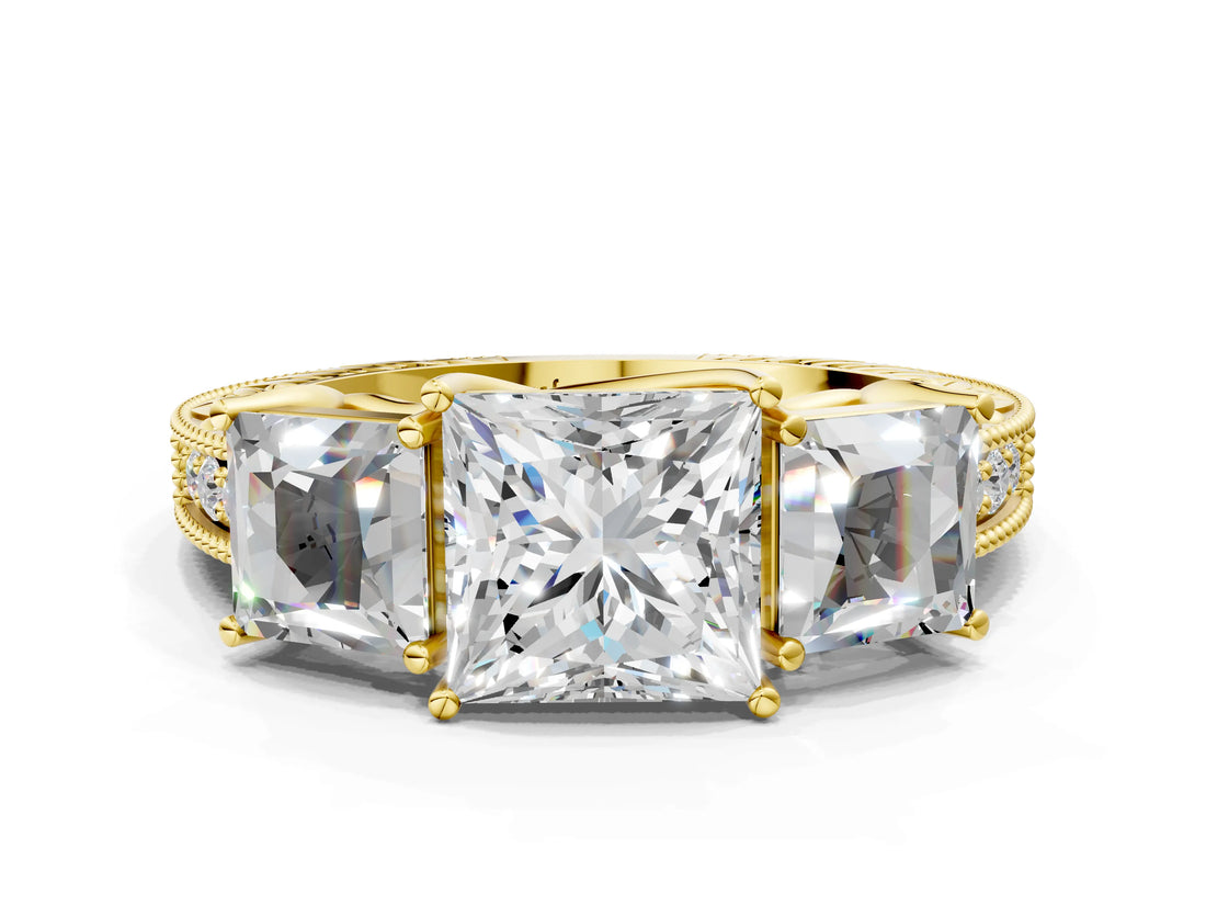 Yellow gold Three-Stone Princess Cut Milgrain Pavé Engagement Ring_15