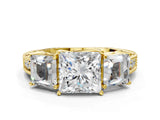 Yellow gold Three-Stone Princess Cut Milgrain Pavé Engagement Ring_15