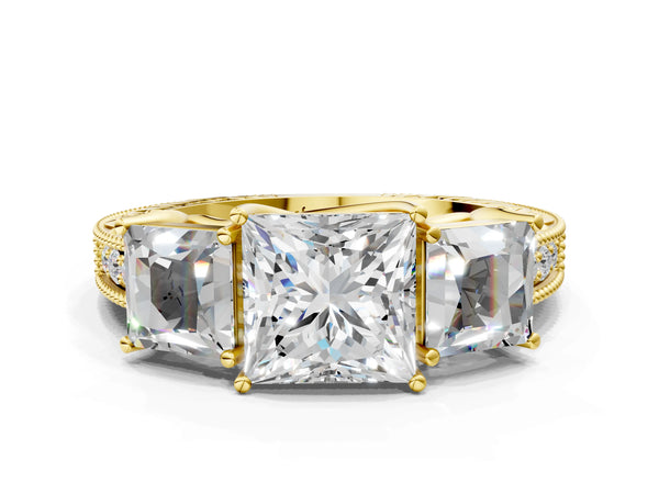 Yellow Gold Princess Cut Vintage Three Stone Engagement Ring Setting with Milgrain Pave Band