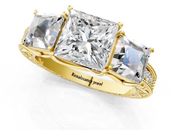 Yellow Gold Princess Cut Vintage Three Stone Engagement Ring Setting with Milgrain Pave Band