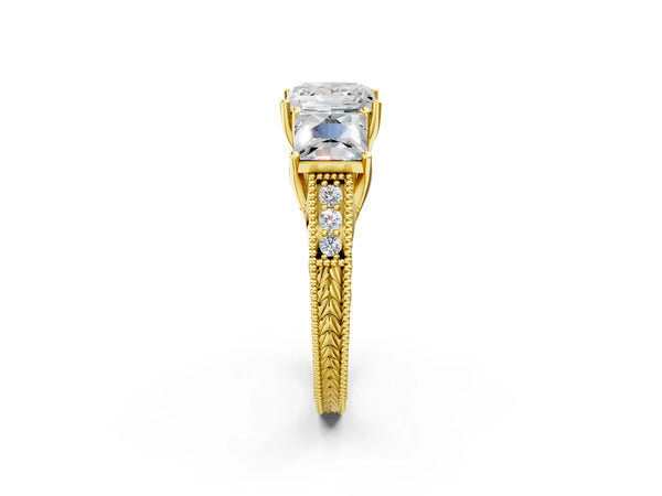 Yellow Gold Princess Cut Vintage Three Stone Engagement Ring Setting with Milgrain Pave Band