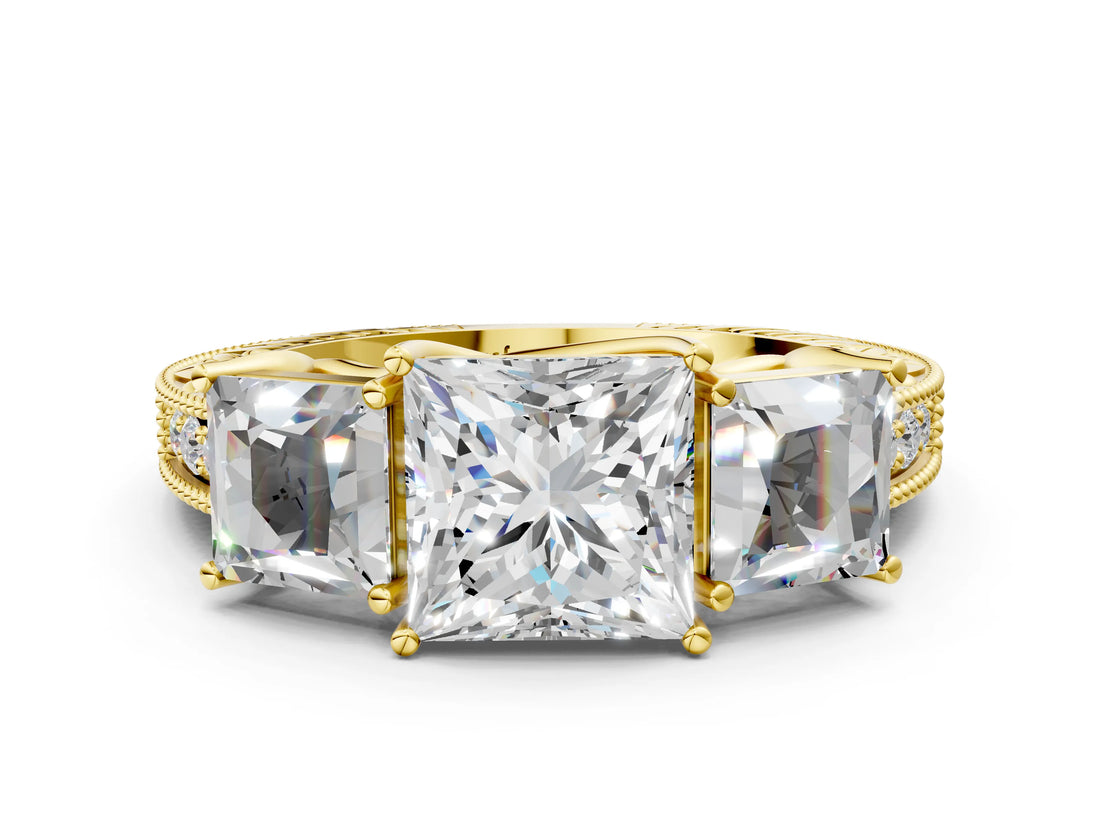 Yellow gold Three-Stone Princess Cut Milgrain Pavé Engagement Ring_3