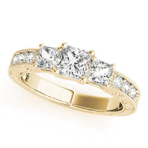 Yellow gold Three-Stone Princess Cut Milgrain Pavé Engagement Ring