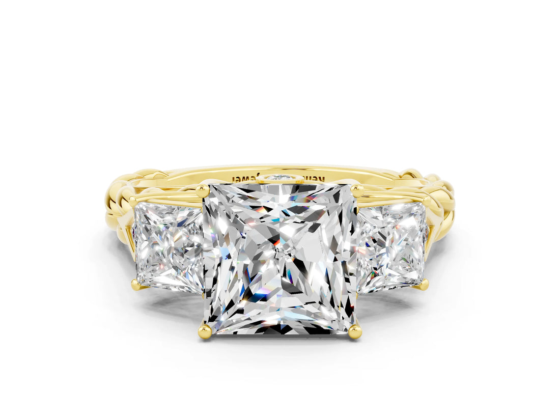 Yellow gold Three-Stone Princess Cut Moissanite Braided Band Ring with Four-Prong Setting_45