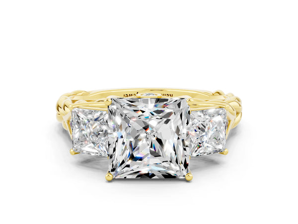 Yellow gold Three-Stone Princess Cut Moissanite Braided Band Ring with Four-Prong Setting