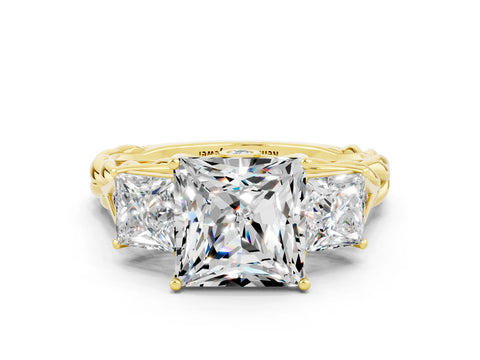 Yellow gold Three-Stone Princess Cut Moissanite Braided Band Ring with Four-Prong Setting_45