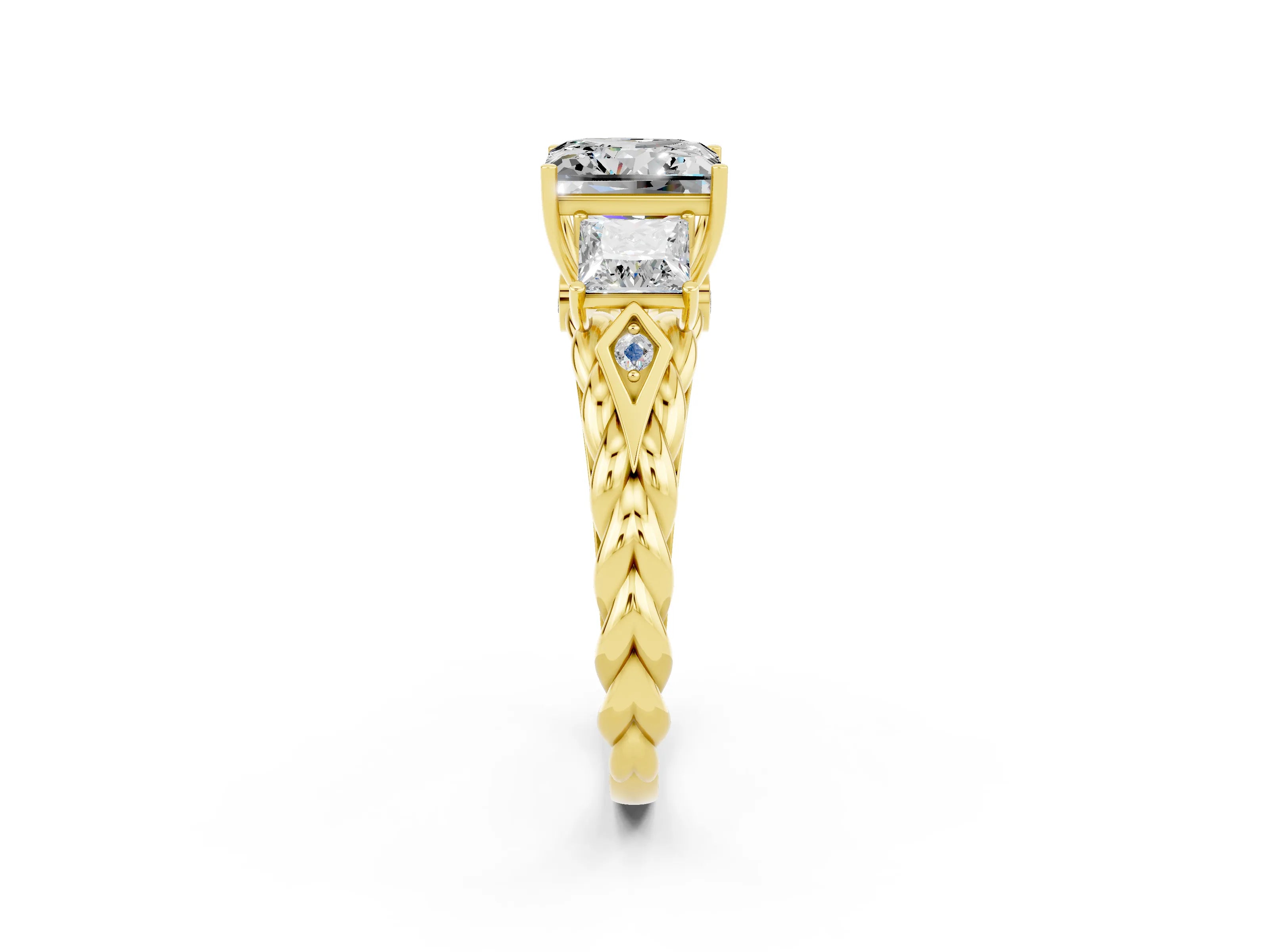 Yellow gold Three-Stone Princess Cut Moissanite Braided Band Ring with Four-Prong Setting_47