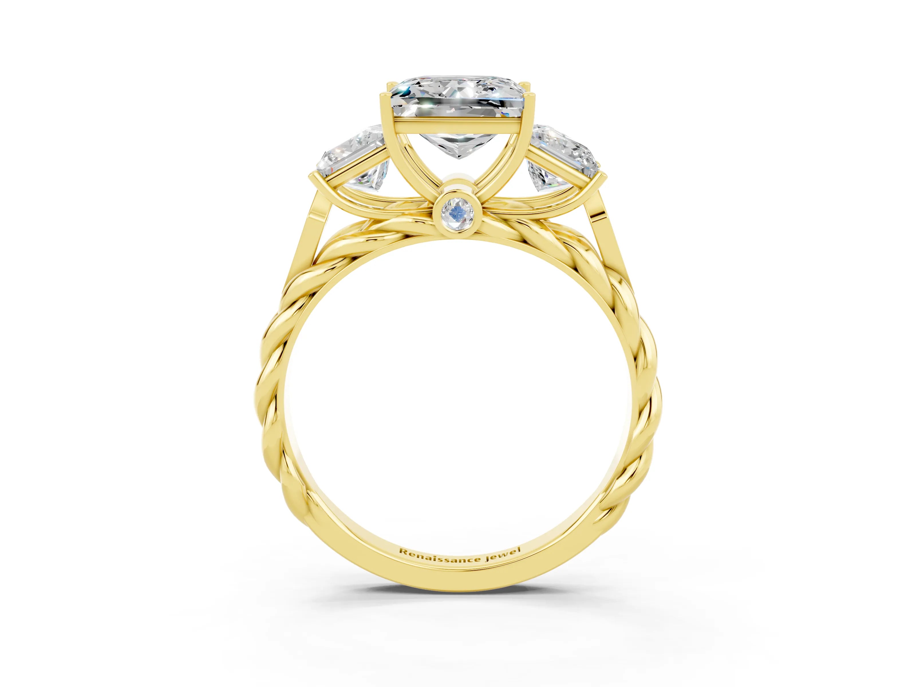 Yellow gold Three-Stone Princess Cut Moissanite Braided Band Ring with Four-Prong Setting_48