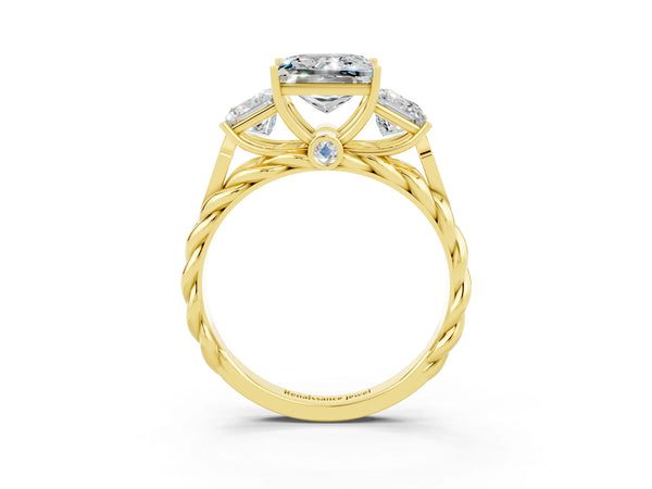 Yellow gold Three-Stone Princess Cut Moissanite Braided Band Ring with Four-Prong Setting