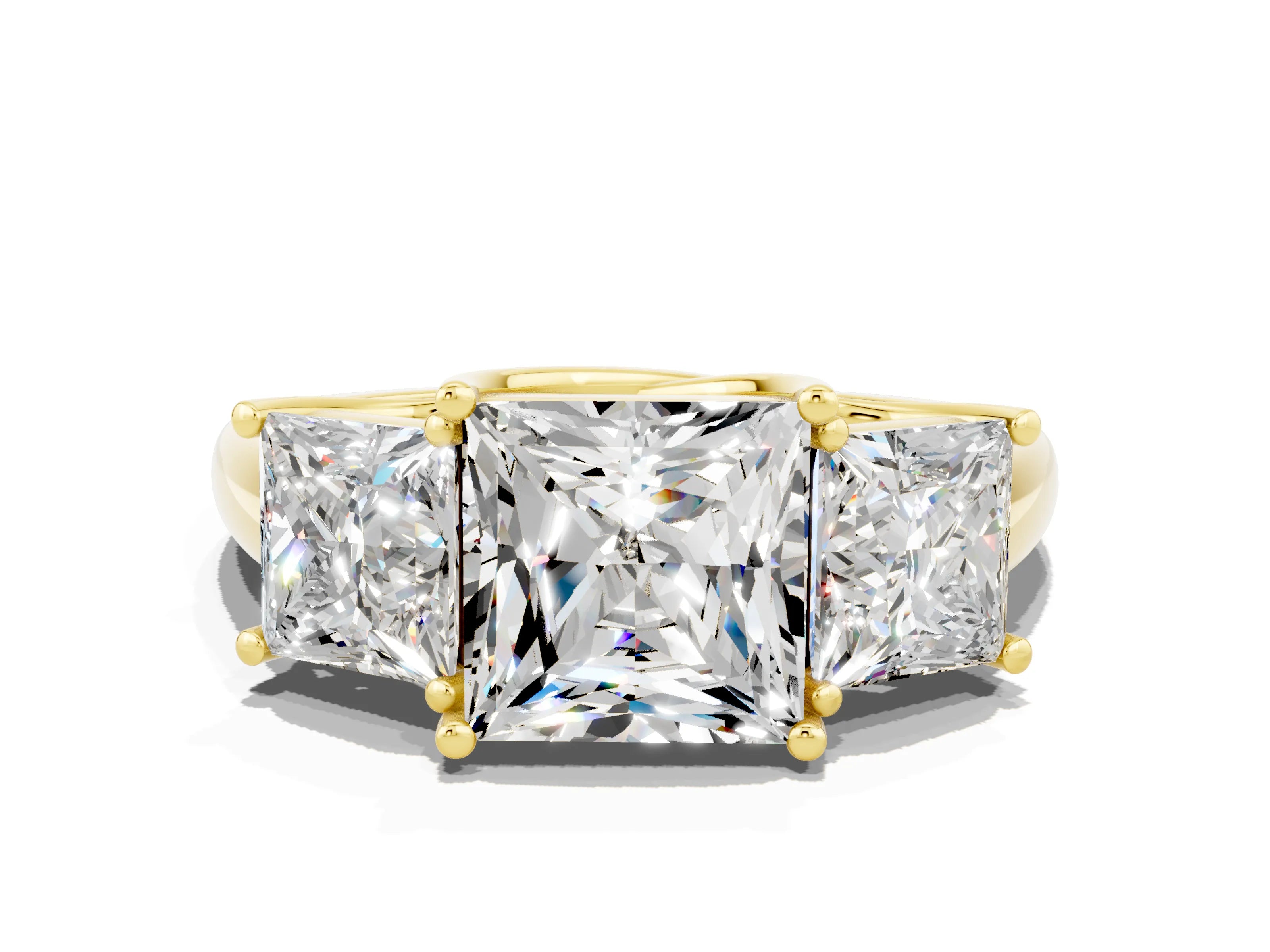Yellow gold Three-Stone Princess Cut Moissanite Engagement Ring with Prong Setting