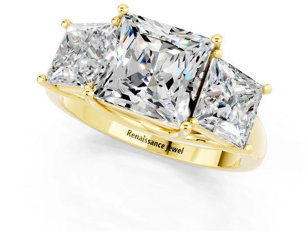 Yellow gold Three-Stone Princess Cut Moissanite Engagement Ring with Prong Setting