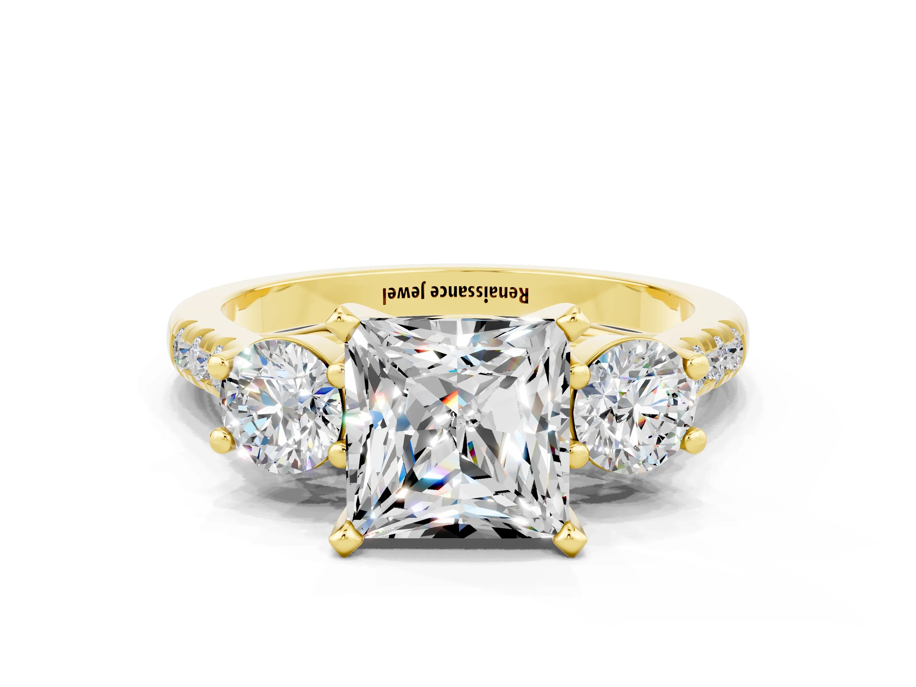 Yellow gold Three-Stone Princess Cut Moissanite Pavé Band with Four-Prong Setting