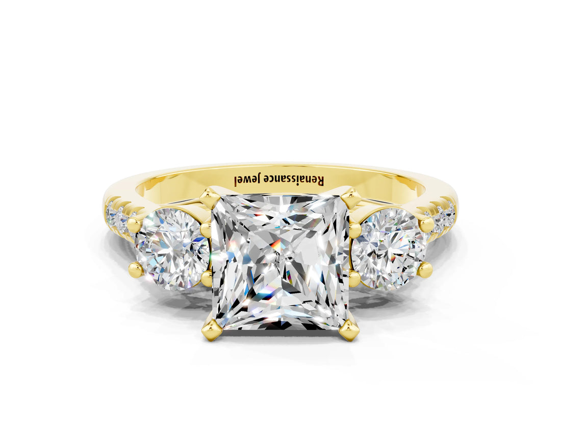 Yellow gold Three-Stone Princess Cut Moissanite Pavé Band with Four-Prong Setting