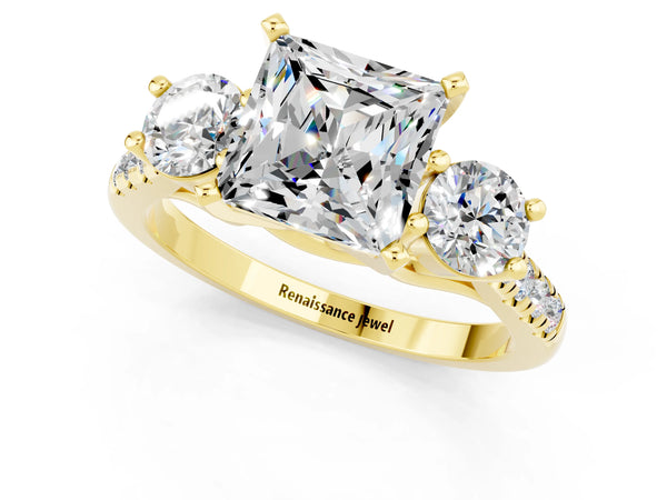 Yellow gold Three-Stone Princess Cut Moissanite Pavé Band with Four-Prong Setting
