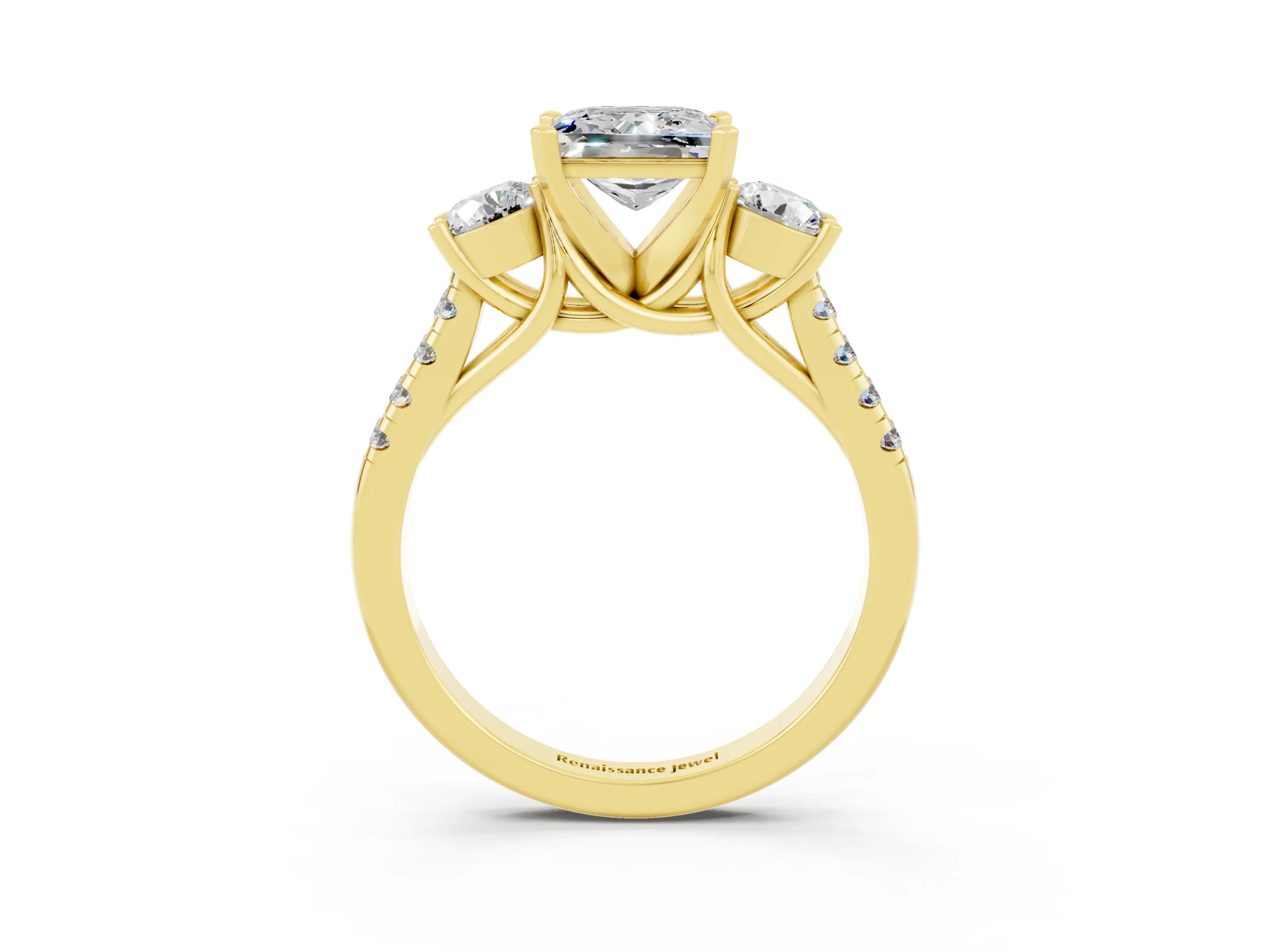 Yellow gold Three-Stone Princess Cut Moissanite Pavé Band with Four-Prong Setting_3