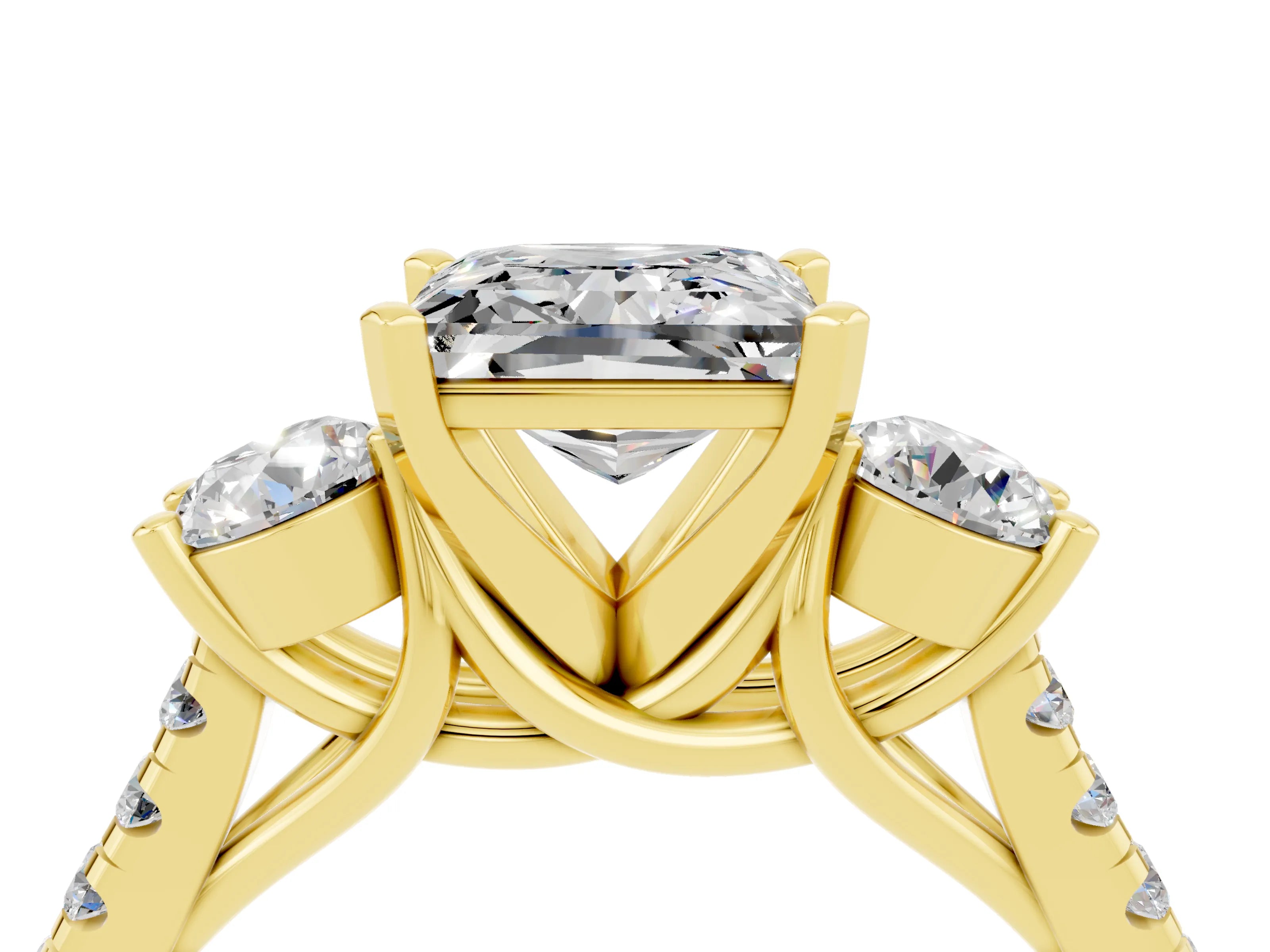 Yellow gold Three-Stone Princess Cut Moissanite Pavé Band with Four-Prong Setting_4