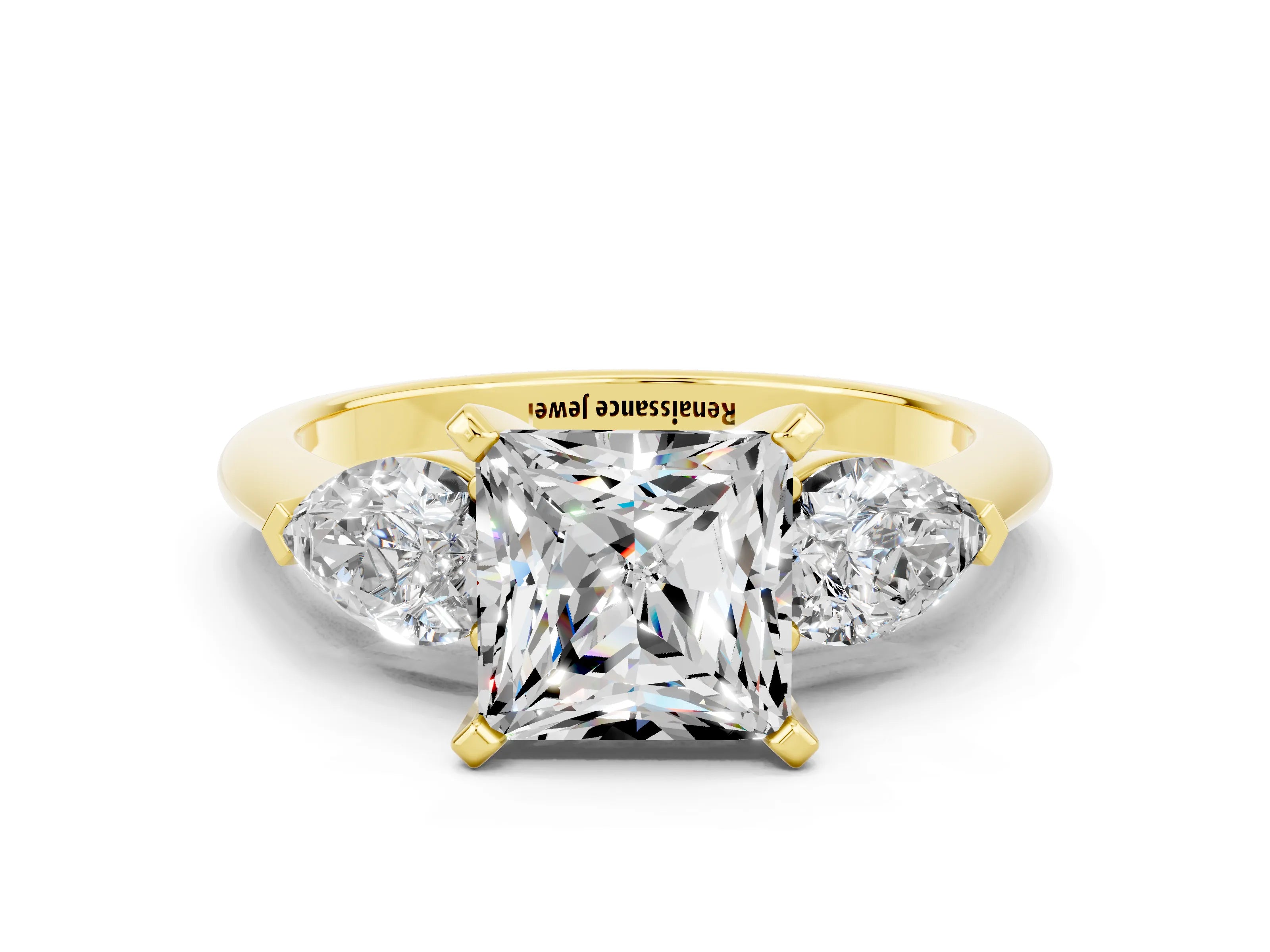Yellow gold Three-Stone Princess Cut Moissanite Ring with Pear Side Stones and Four-Prong Setting