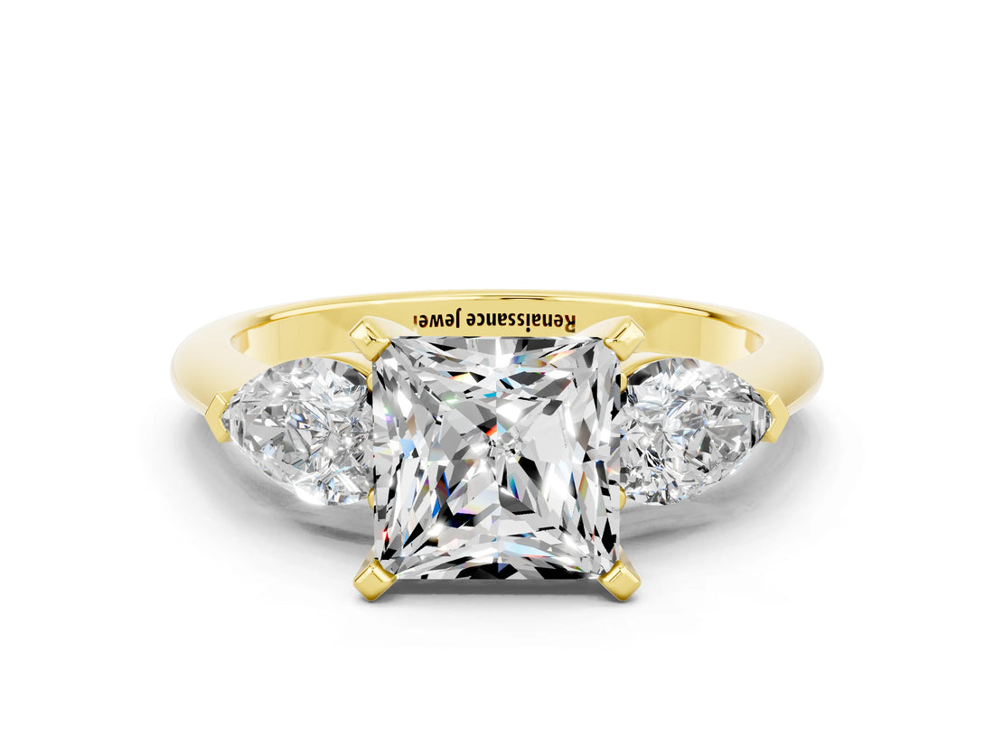 Yellow gold Three-Stone Princess Cut Moissanite Ring with Pear Side Stones and Four-Prong Setting