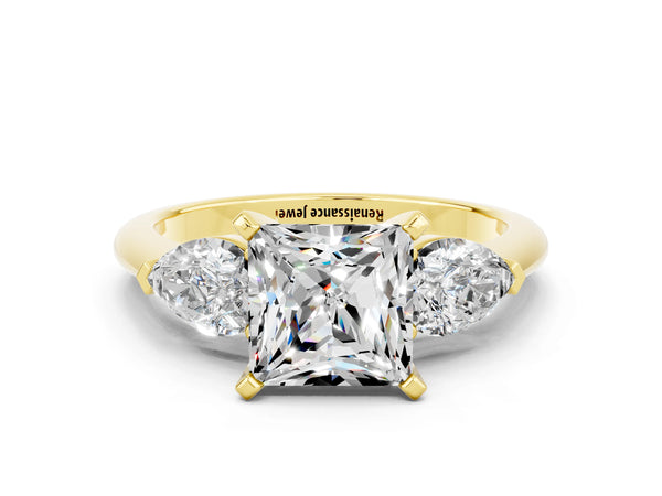 Yellow gold Three-Stone Princess Cut Moissanite Ring with Pear Side Stones and Four-Prong Setting