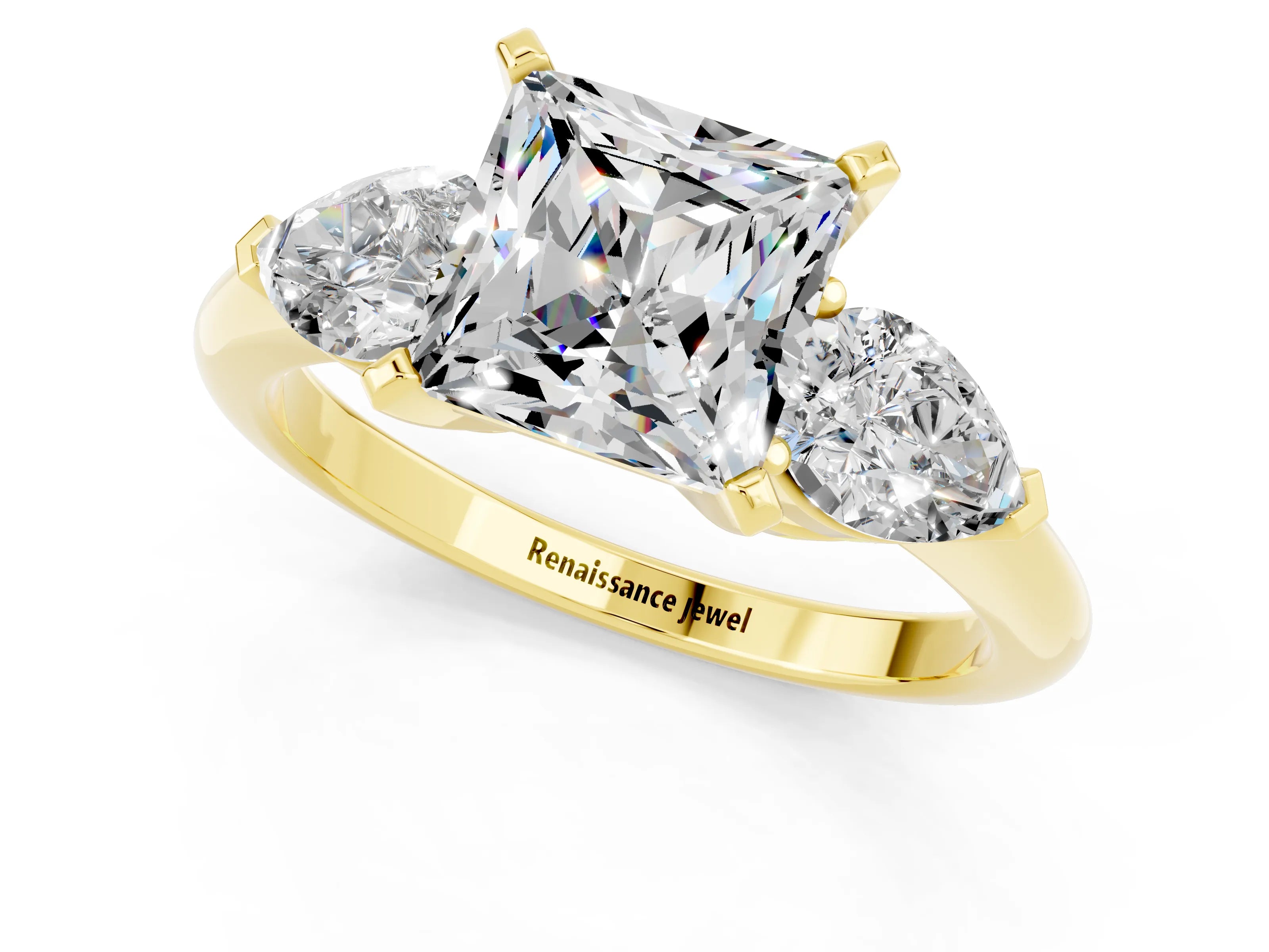 Yellow gold Three-Stone Princess Cut Moissanite Ring with Pear Side Stones and Four-Prong Setting_1