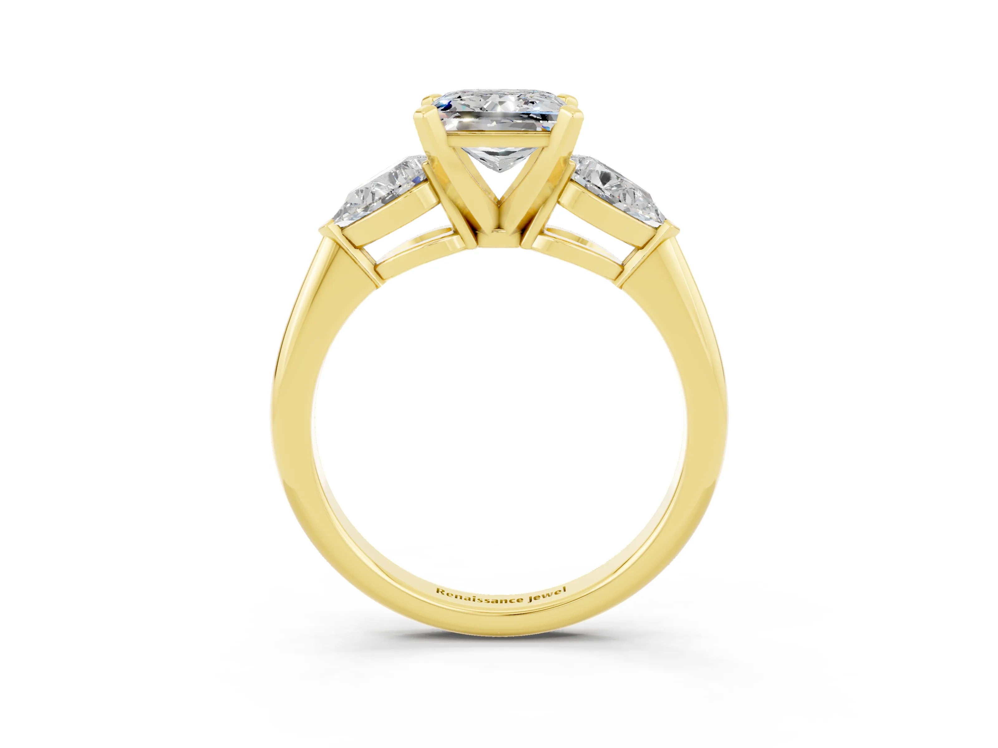 Yellow gold Three-Stone Princess Cut Moissanite Ring with Pear Side Stones and Four-Prong Setting_3