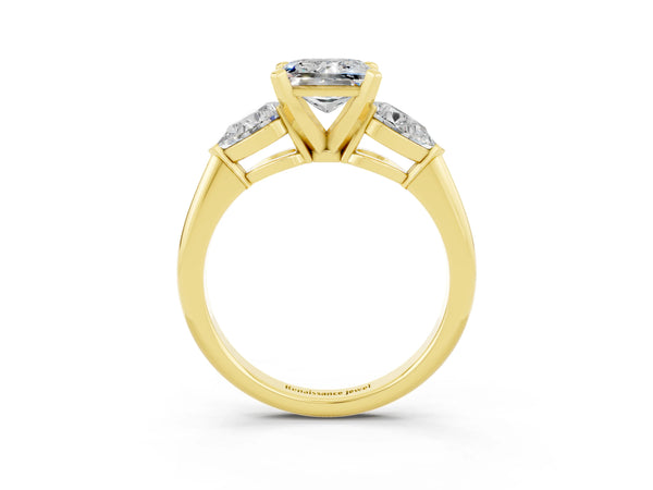 Yellow gold Three-Stone Princess Cut Moissanite Ring with Pear Side Stones and Four-Prong Setting
