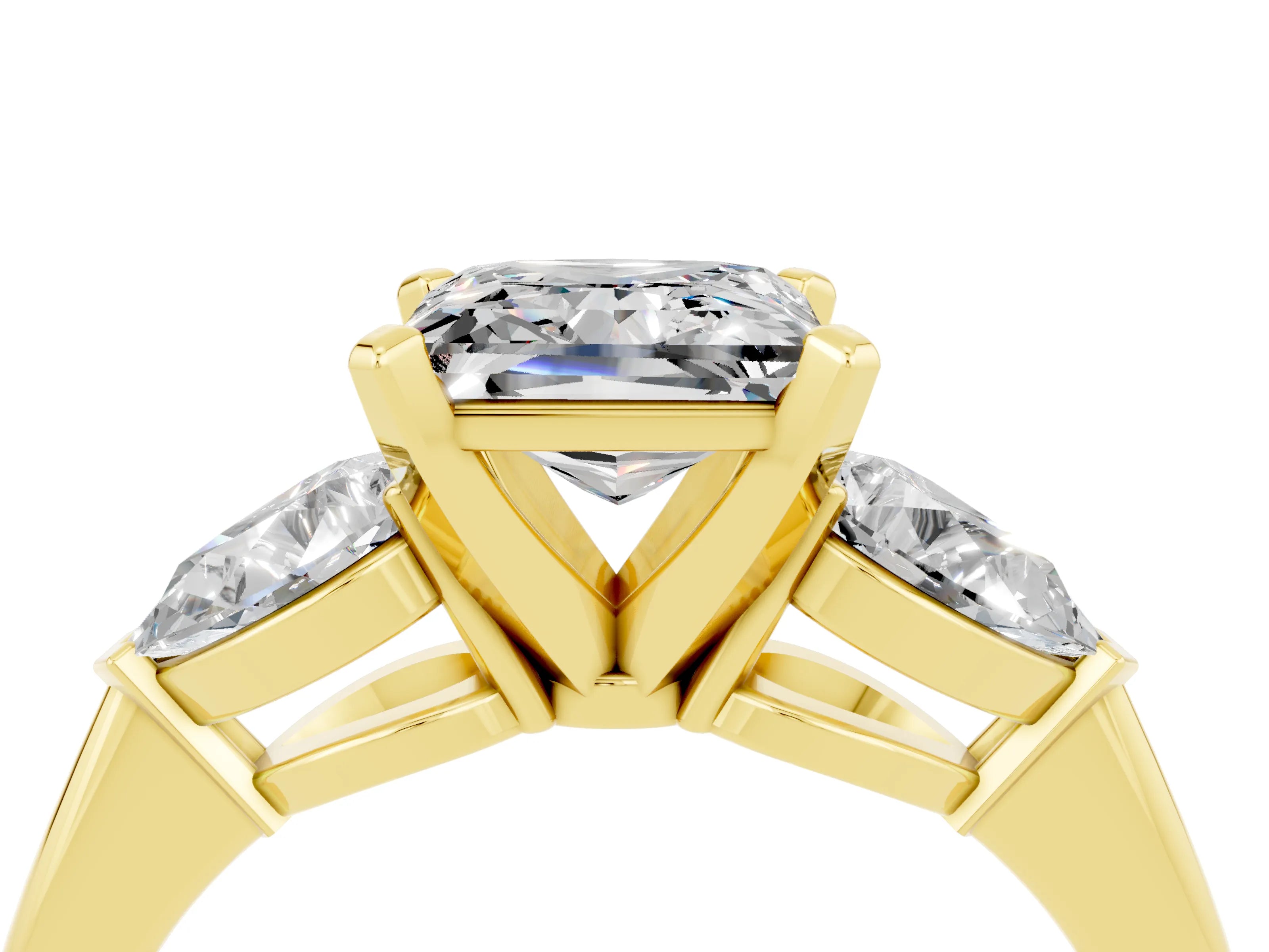 Yellow gold Three-Stone Princess Cut Moissanite Ring with Pear Side Stones and Four-Prong Setting_4