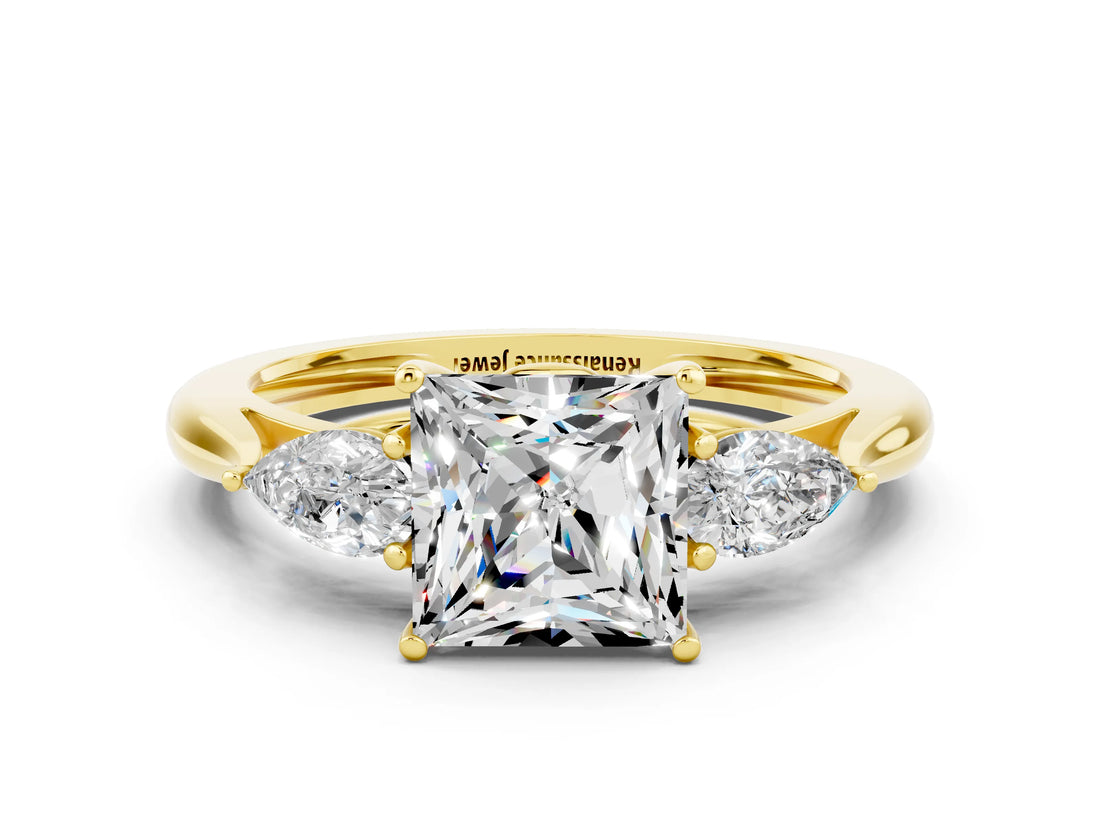Yellow gold Three-Stone Princess Cut Moissanite Ring with Pear  Side Stones in Four-Prong Setting_12