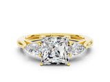 Yellow gold Three-Stone Princess Cut Moissanite Ring with Pear  Side Stones in Four-Prong Setting_12