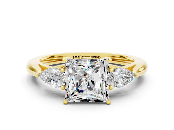 Yellow gold Three-Stone Princess Cut Moissanite Ring with Pear  Side Stones in Four-Prong Setting
