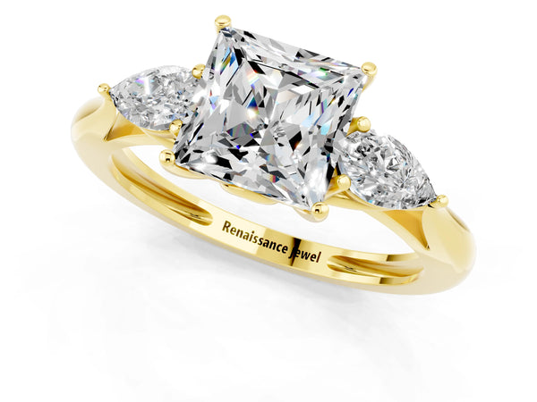 Yellow gold Three-Stone Princess Cut Moissanite Ring with Pear  Side Stones in Four-Prong Setting