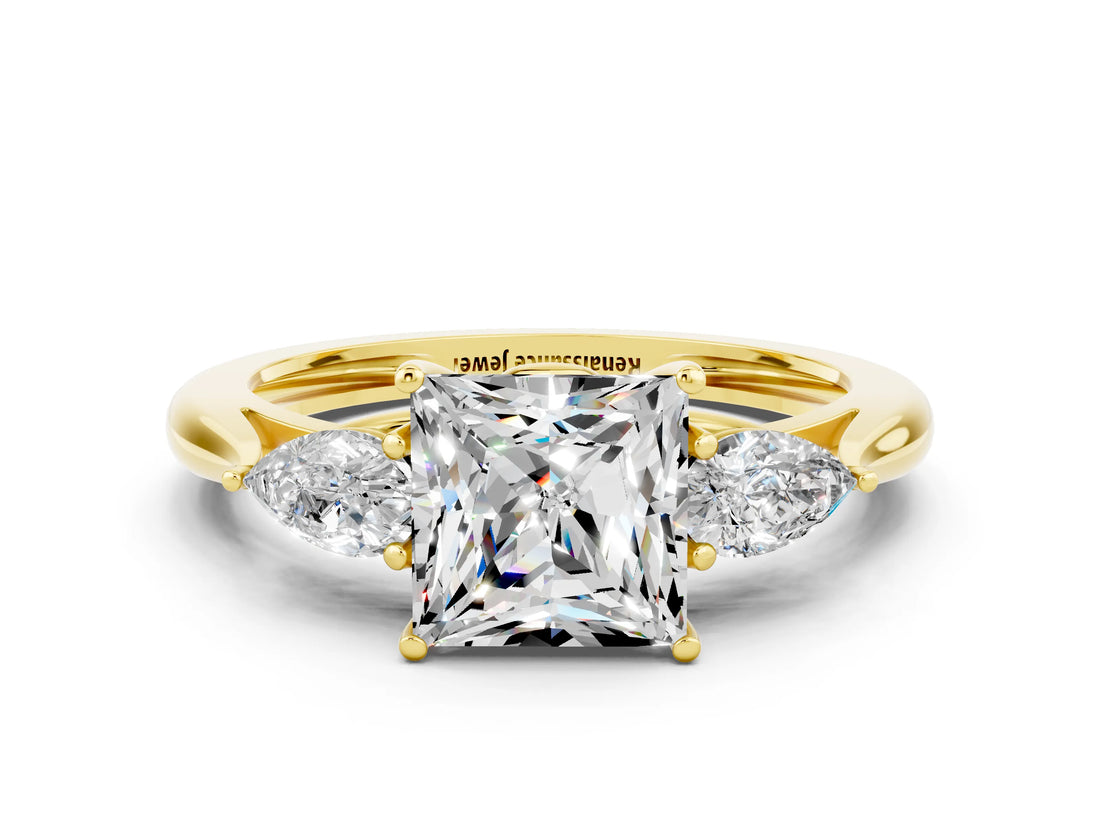Yellow gold Three-Stone Princess Cut Moissanite Ring with Pear  Side Stones in Four-Prong Setting_36