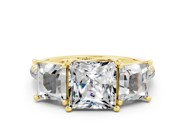 Yellow gold Three-Stone Princess Cut Moissanite Ring with Round  Pavé Band and Prong Setting