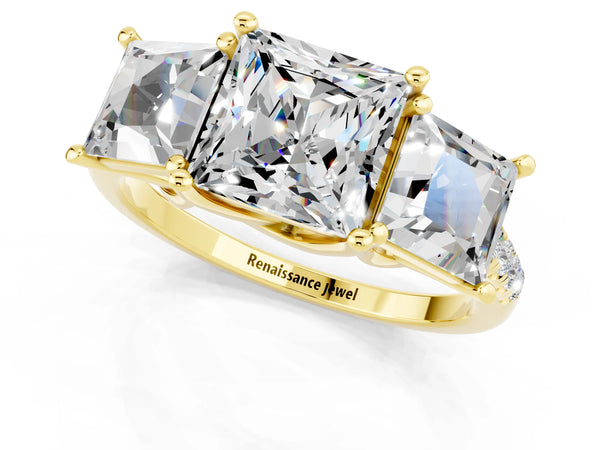 Yellow gold Three-Stone Princess Cut Moissanite Ring with Round  Pavé Band and Prong Setting