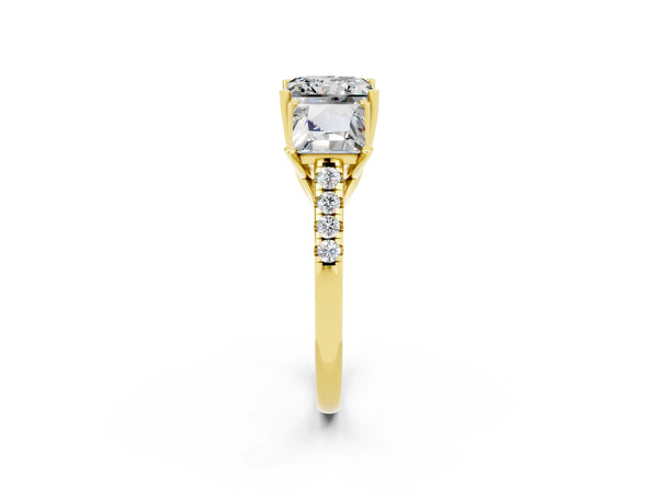 Yellow gold Three-Stone Princess Cut Moissanite Ring with Round  Pavé Band and Prong Setting
