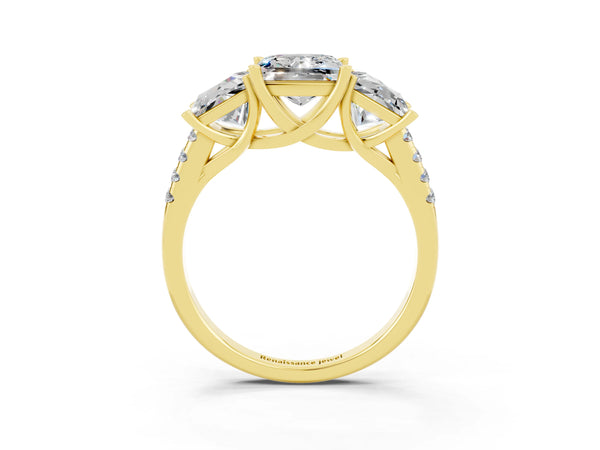 Yellow gold Three-Stone Princess Cut Moissanite Ring with Round  Pavé Band and Prong Setting