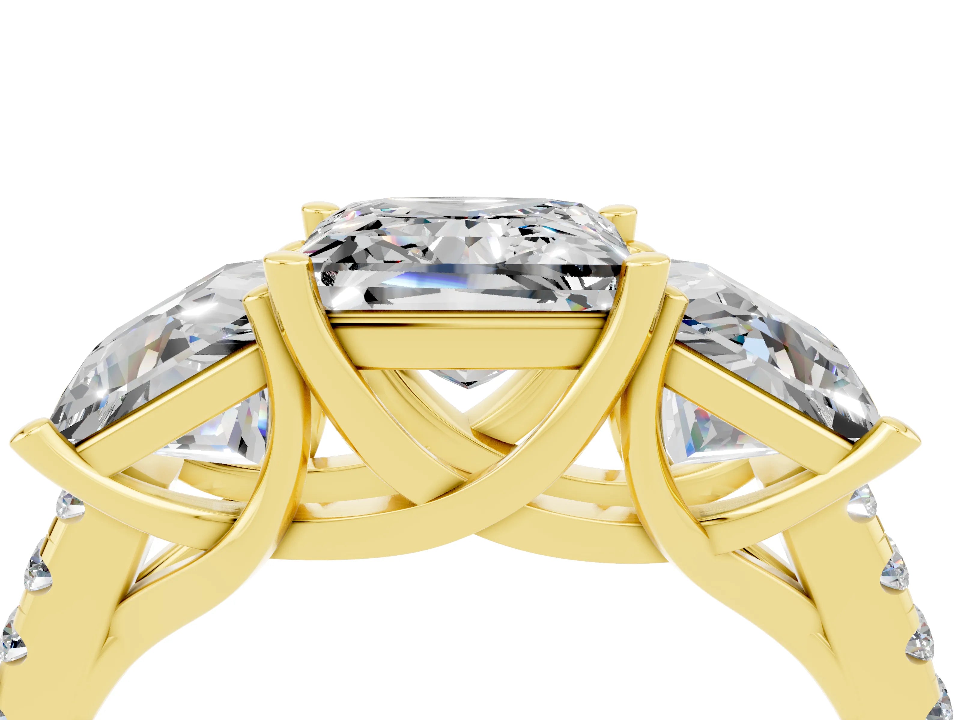 Yellow gold Three-Stone Princess Cut Moissanite Ring with Round  Pavé Band and Prong Setting_40