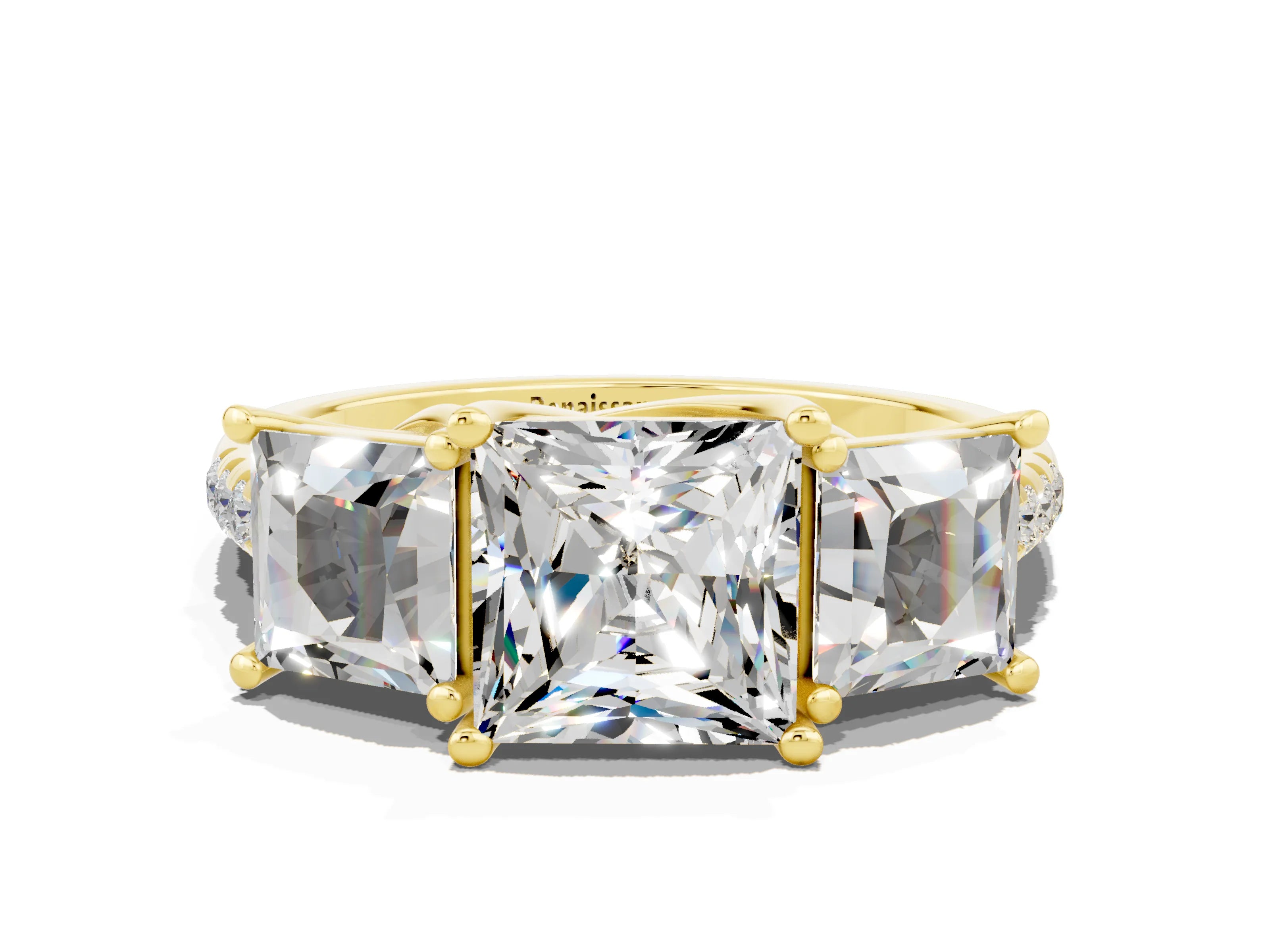 Yellow gold Three-Stone Princess Cut Moissanite Ring with Round  Pavé Band and Prong Setting_48