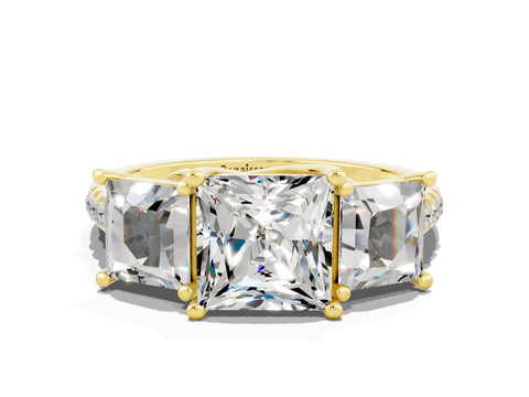 Yellow gold Three-Stone Princess Cut Moissanite Ring with Round  Pavé Band and Prong Setting_48
