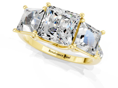 Yellow gold Three-Stone Princess Cut Moissanite Ring with Round  Pavé Band and Prong Setting_49