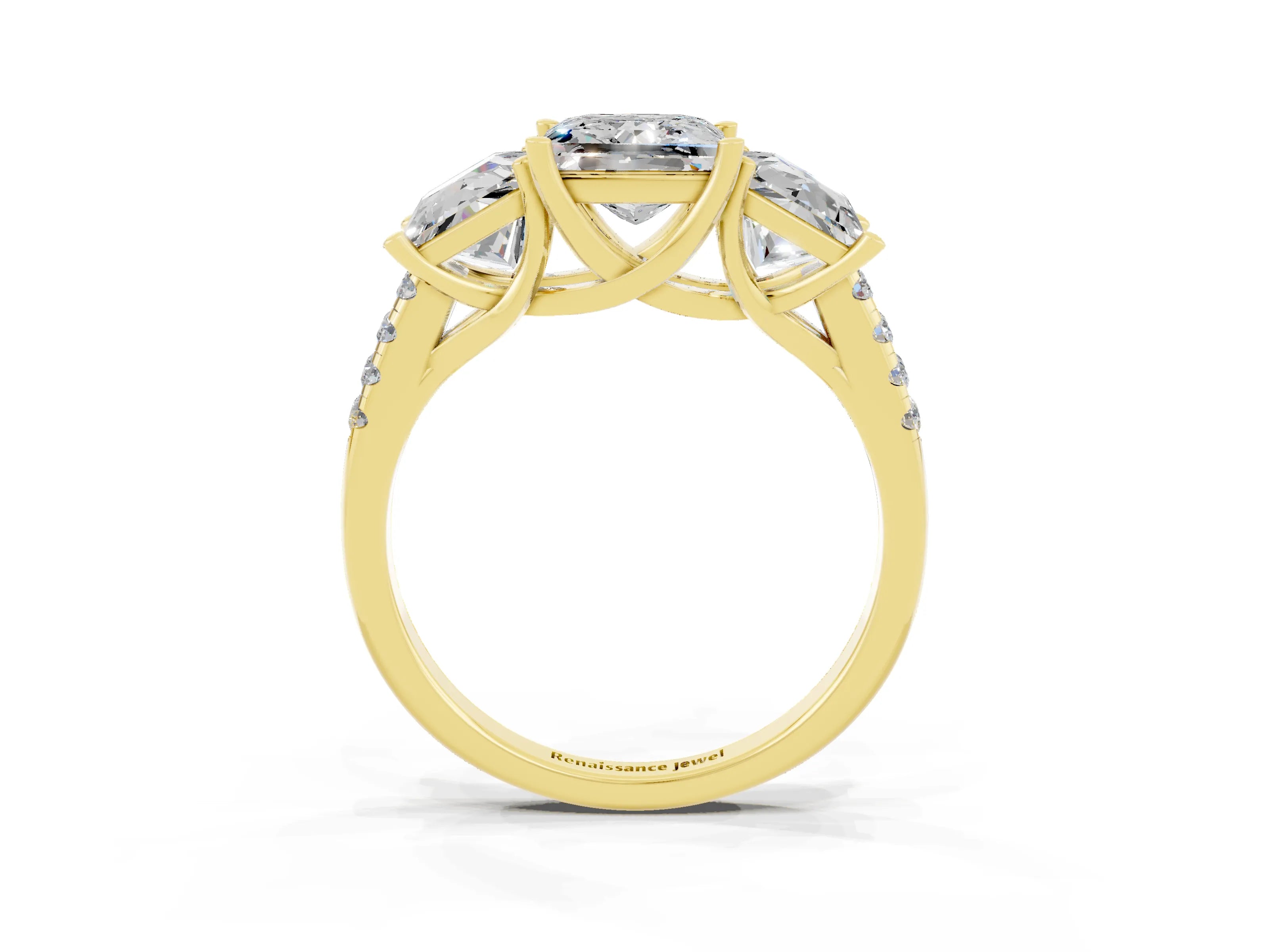 Yellow gold Three-Stone Princess Cut Moissanite Ring with Round  Pavé Band and Prong Setting_51