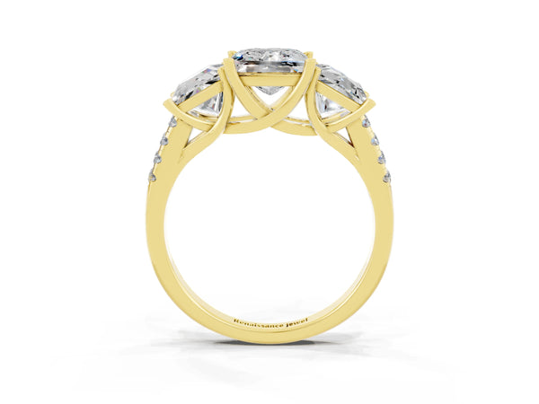 Yellow gold Three-Stone Princess Cut Moissanite Ring with Round  Pavé Band and Prong Setting