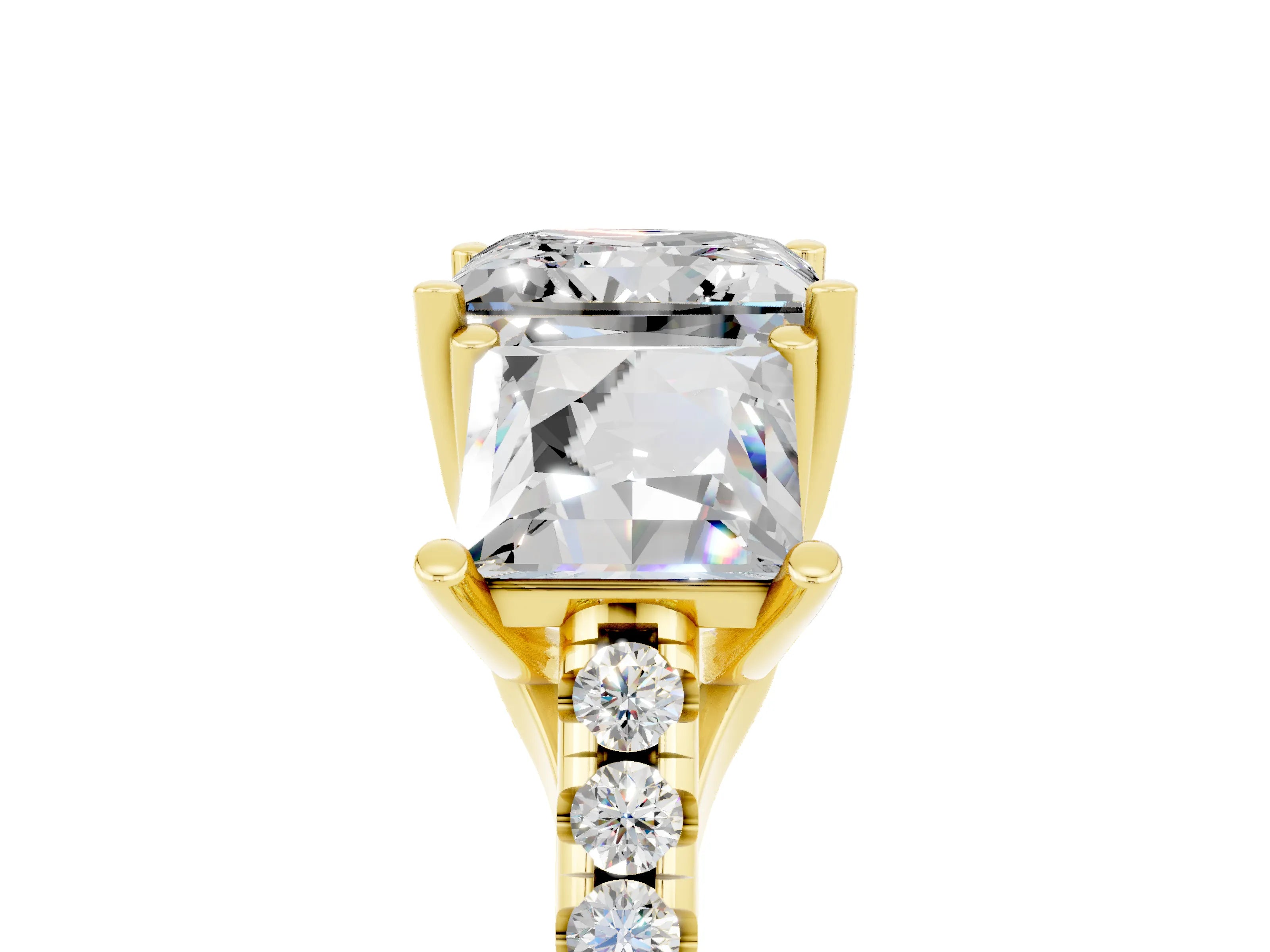 Yellow gold Three-Stone Princess Cut Moissanite Ring with Round  Pavé Band and Prong Setting_53